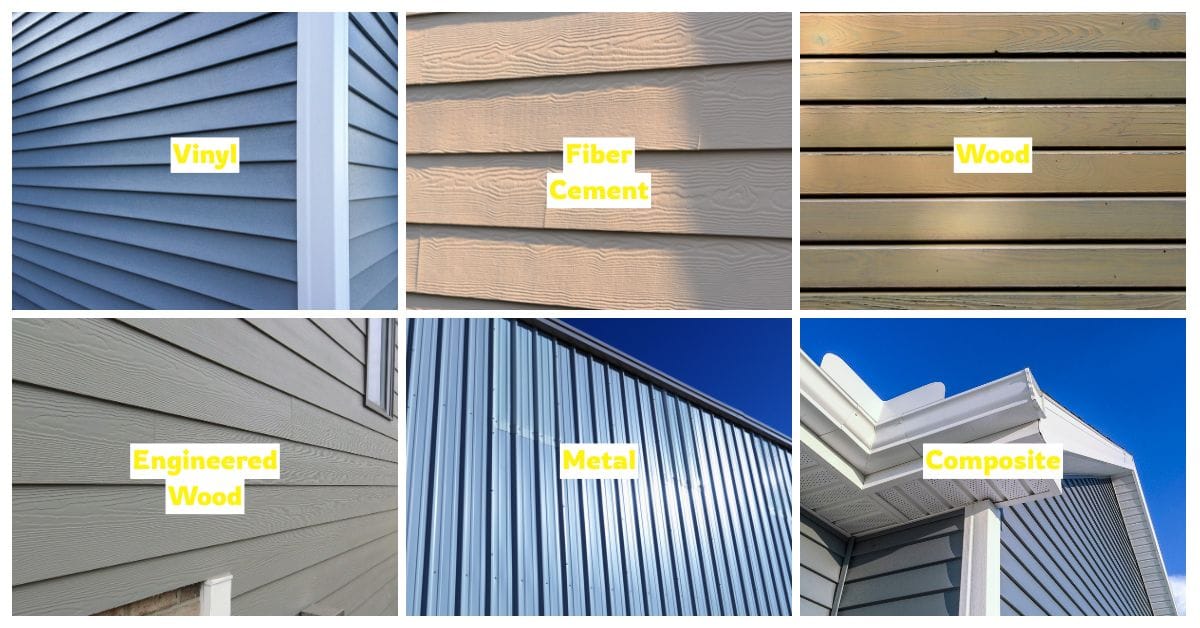 Comparison of residential siding materials including vinyl, fiber cement, wood, engineered wood, metal, and composite