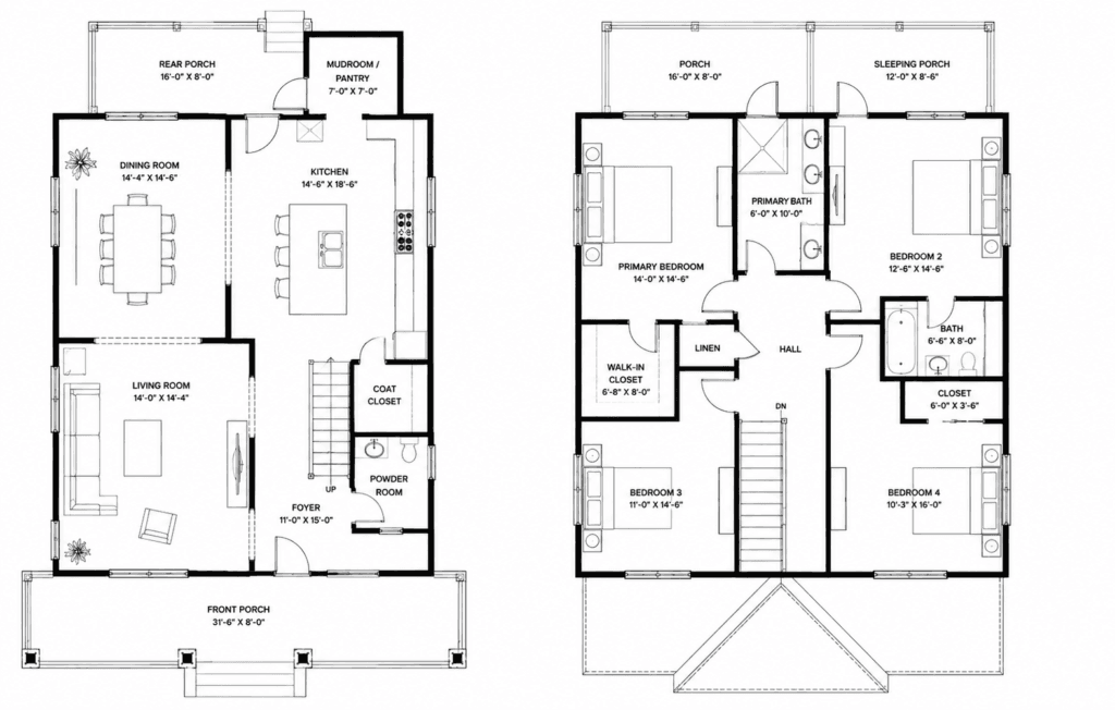 Modern two-story home floor plan with open-concept layout, four bedrooms, and front and rear porches