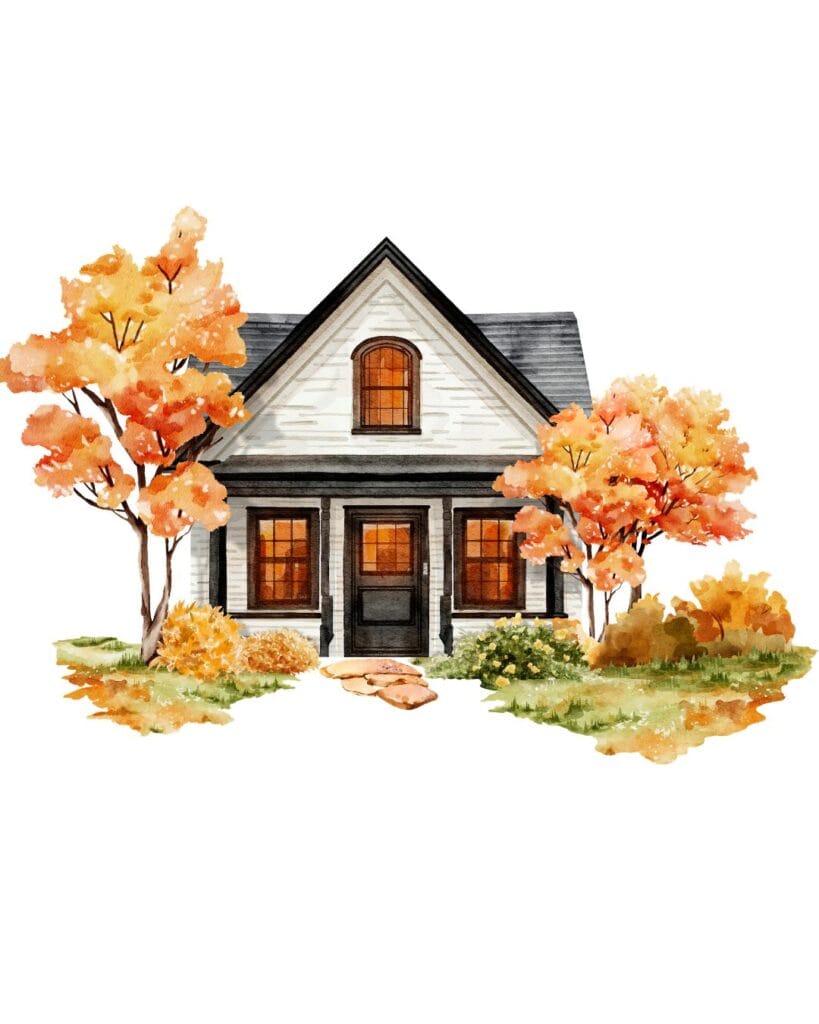 Watercolor illustration of a cozy home surrounded by autumn trees